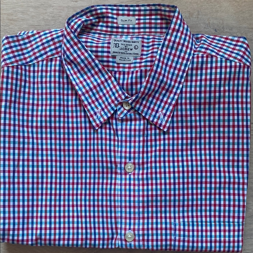 J. Crew Men's Slim Fit Red, Green, and Blue Checkered Gingham Button Down Shirt